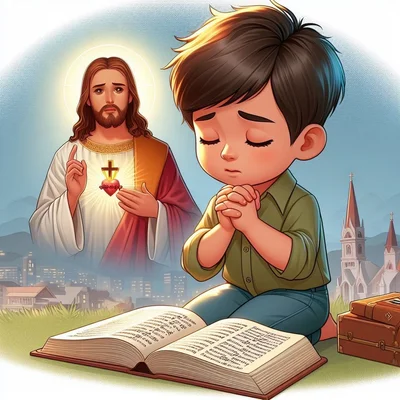 Niño rezando con el libro del Catecismo