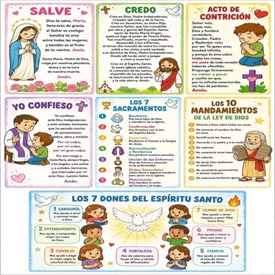 Fichas de oración y resúmenes: Salve, Credo, Acto de Contrición, Yo Confieso, los 7 Sacramentos, los 10 Mandamientos y los 7 Dones del Espíritu Santo